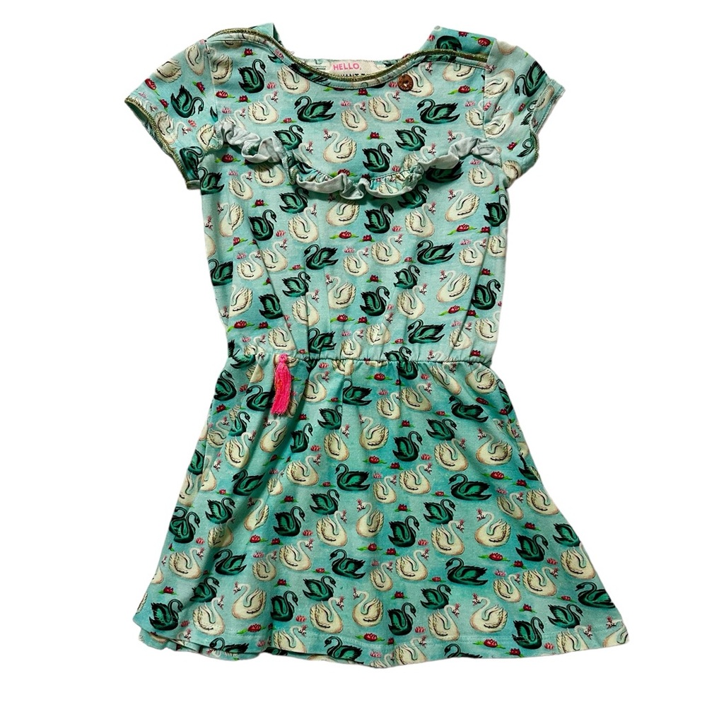 EUC Mim-Pi green background flamingo and swan dress with ruffle and twirl. 3T.